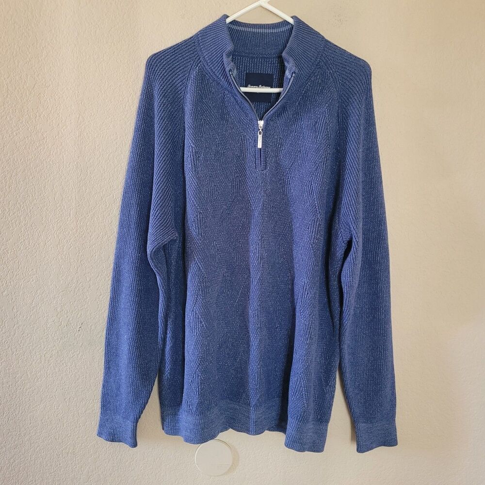 Tommy Bahama Fisherman Cable Knit 1/4 Zip Blue Sweater XL Chunky Ribbed Cotton